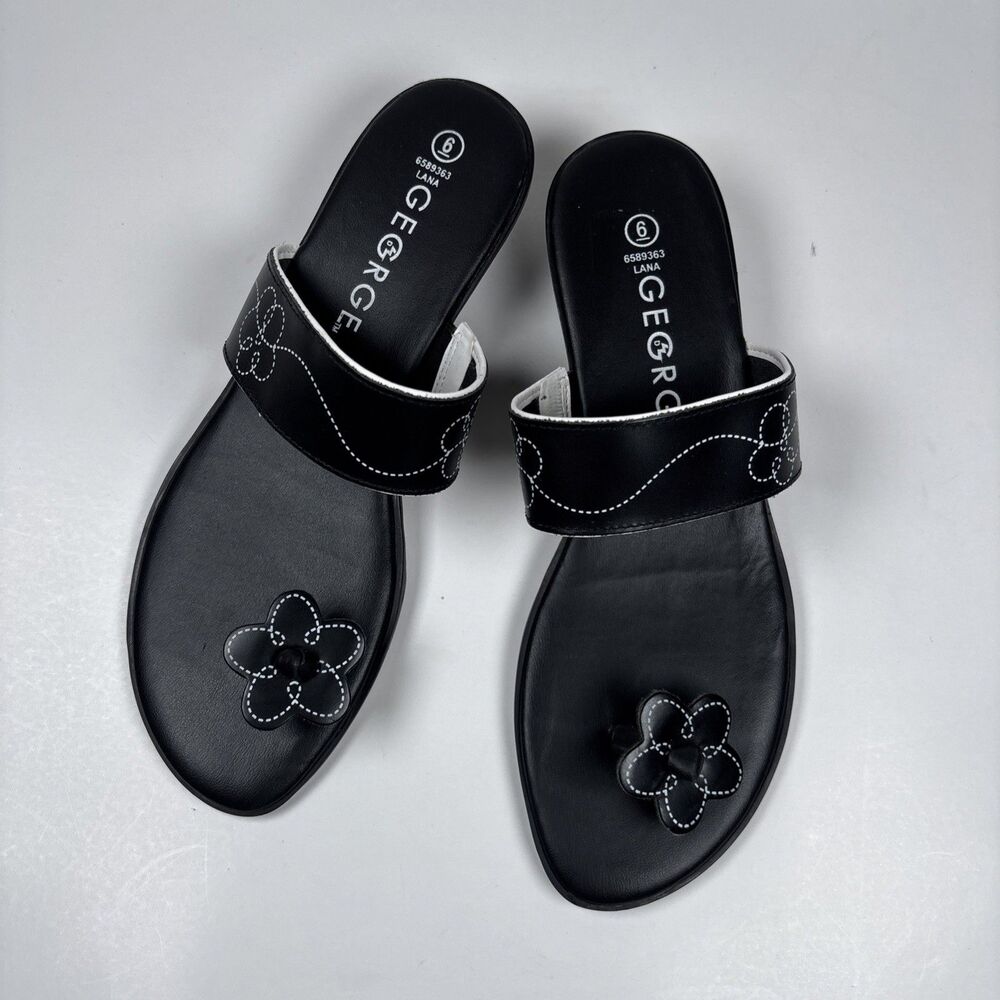 George Lana Black Floral Stitch Thong Slide Sandals Women’s size 6 Y2K summer
